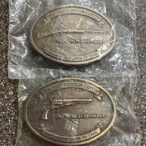 2 NRA WHITTINGTON CENTER BELT BUCKLES COLT 44 REVOLVER & HAWKEN PLAINS RIFLE